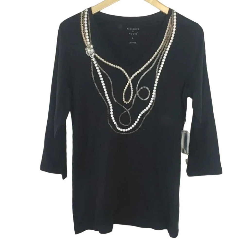 Preswick & Moore Black 3/4‎ Sleeve Necklace Graphic Top Rhinestone Brooch L NEW